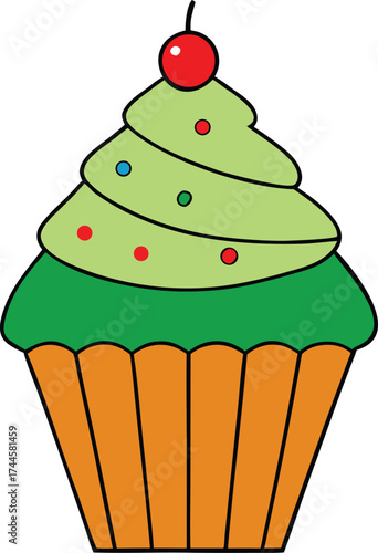 Festive Green Cupcake Vector Illustration with Sprinkles and Cherry Topping, Sweet Dessert Graphic