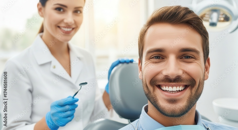 Fototapeta premium Happy man with perfect white teeth smiling in dental chair, female dentist in clinic