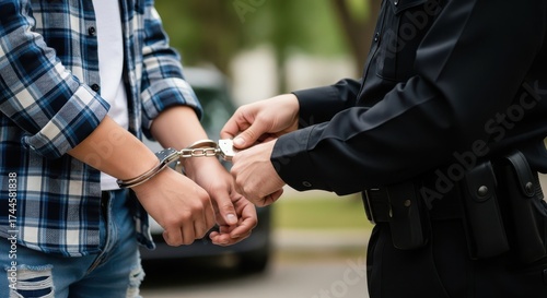 Police officer places handcuffs on a suspect during an arrest