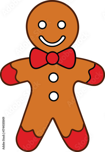 Smiling Gingerbread Man Cookie Icon with Red Bow Tie and Frosting Accents, Christmas Holiday Vector