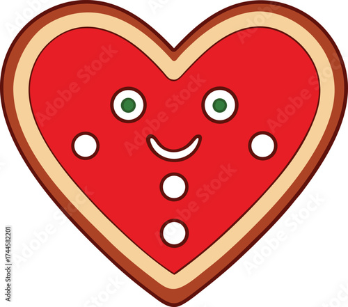 Cute Heart Gingerbread Cookie with Smiling Face and Icing Decorations