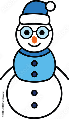 Cute Cartoon Snowman with Glasses, Blue Hat, and Scarf Vector Illustration
