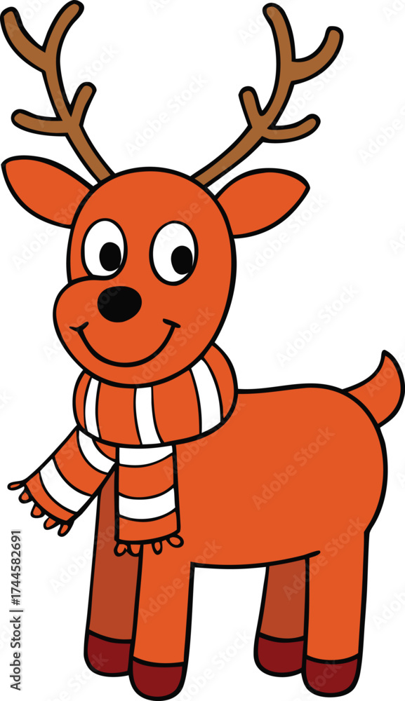 Obraz premium Cute Cartoon Reindeer Wearing Striped Scarf, Happy Festive Character Illustration