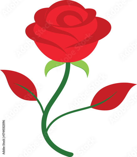 Elegant Red Rose Flower Vector Illustration with Green Stem and Leaves