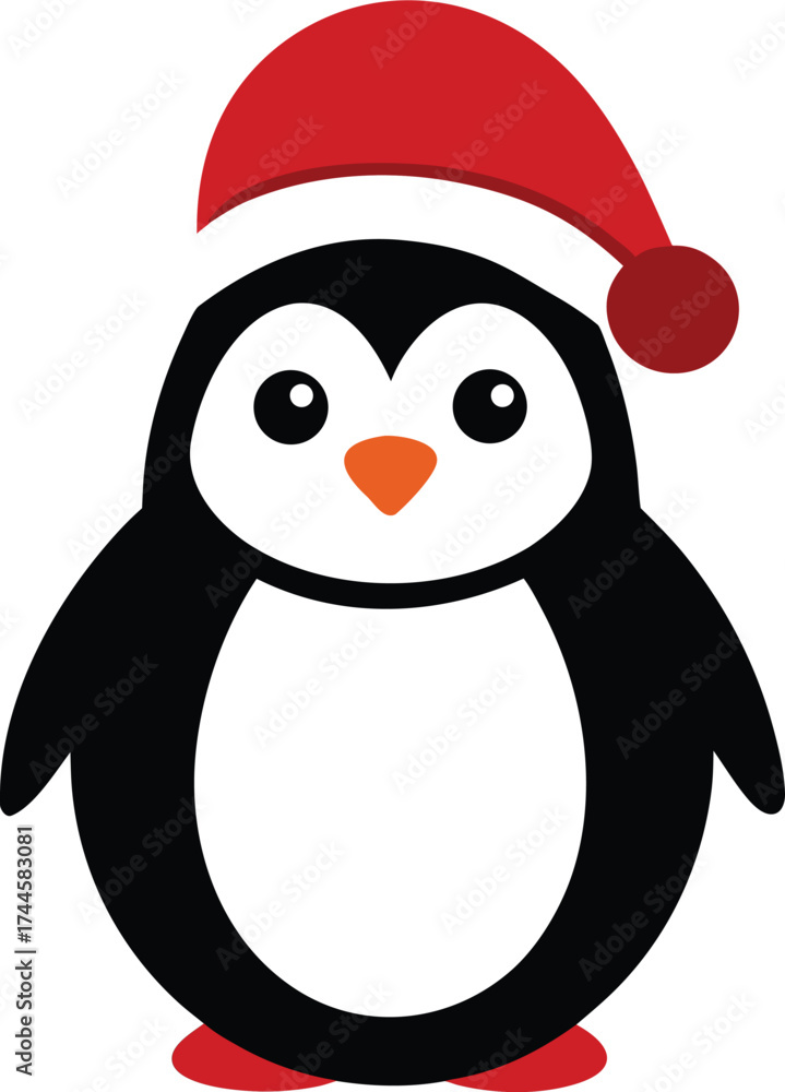 Fototapeta premium Cute Cartoon Penguin in Santa Hat, Christmas Holiday Vector Icon