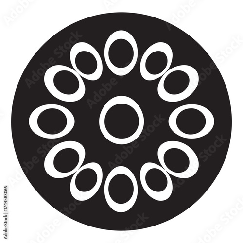 Abstract radial pattern of white oval shapes on a black circular background