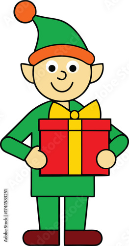 Smiling Christmas Elf Holding Festive Red Gift Box, Simple Cartoon Vector Art