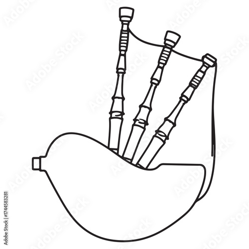 Black and white line drawing of traditional bagpipes musical instrument