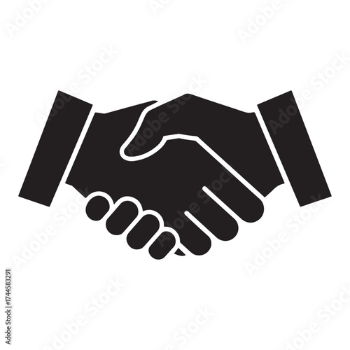 Black and white illustration of two hands shaking in agreement or partnership