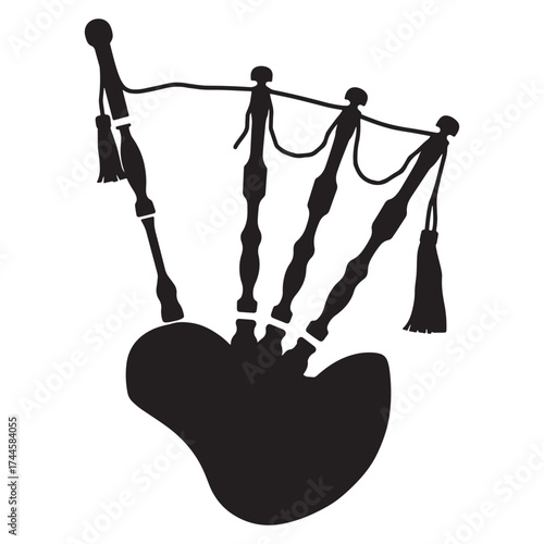 Black silhouette of bagpipes musical instrument with tassels