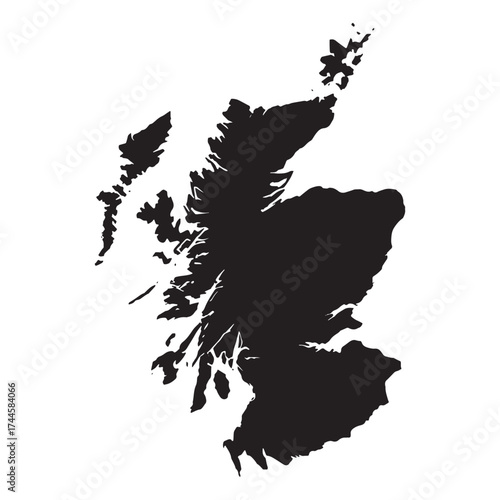 Black silhouette of the map of scotland with its distinctive shape and islands