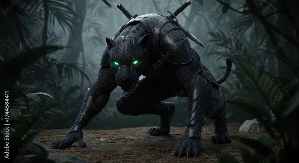 Fototapeta premium The black panther, illuminated with glowing green eyes, is poised for action, appearing in a dense jungle setting; the animal is wearing detailed armor and has a sword attached to its back