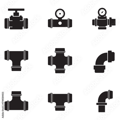 Collection of black and white plumbing pipe fittings and valves icons