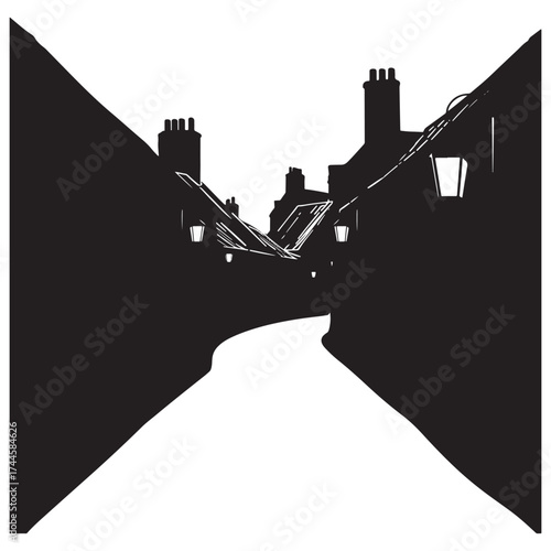 Dramatic silhouette of a narrow street with buildings and chimneys at dusk or night