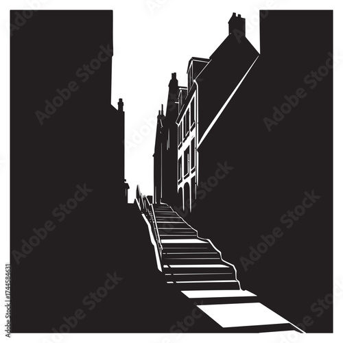 Dramatic black and white silhouette of a narrow european street with stairs and buildings