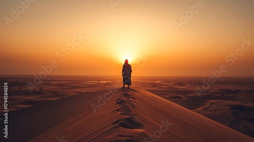 Fototapeta Naklejka Na Ścianę i Meble -  A person in traditional clothing stands on a sand dune at sunset in the desert landscape view