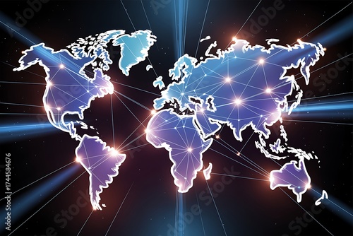 Digital World Map with Connected Lines and Light Rays Keywords: world map, global, network, connection, communication, technology, internet, data, information, digital, abstract, futuristic, blue