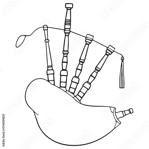 Line drawing of traditional scottish bagpipes with a drone and chanter