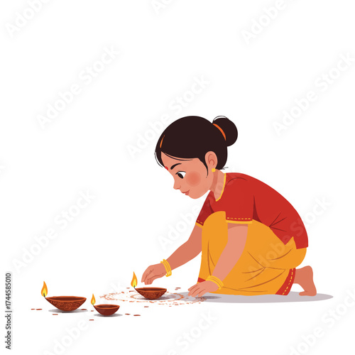 A young Indian girl carefully places a glowing traditional Indian oil lamp (diya) on the ground during a vibrant festival celebration, a charming 2D flat vector illustration.