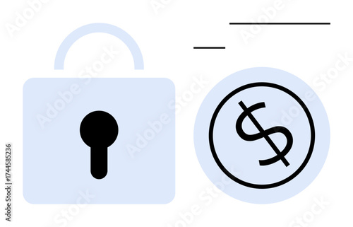 Large lock and dollar sign with motion lines. Ideal for finance, security, online banking, payment protection, data privacy, cybersecurity, savings, simple flat metaphor