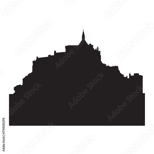 Silhouette of a medieval castle or abbey on a hill against a white background