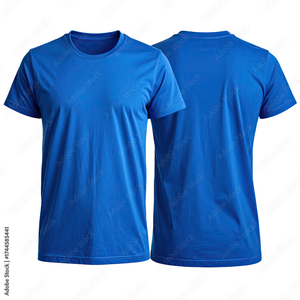 Fototapeta premium Front and back view of a vibrant blue crew neck t-shirt, isolated on black