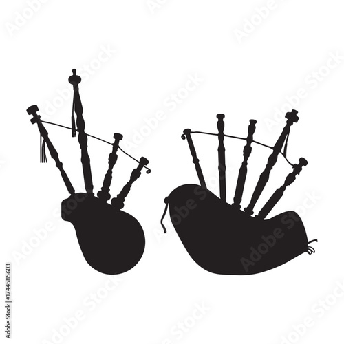 Silhouette of two traditional scottish bagpipes against a white background