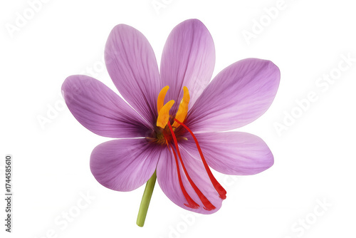 Saffron crocus flower blossom with red stigma and yellow pistil for spice production, transparent background