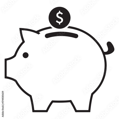 Simple black and white icon of a piggy bank with a coin slot and a dollar coin on top