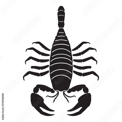 Stylized black scorpion silhouette with segmented body and pincers