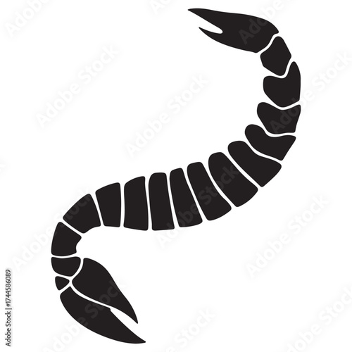 Stylized black scorpion silhouette with segmented tail and pincers on white background