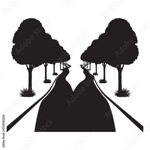 Symmetrical silhouette of a tree lined path meeting in the distance