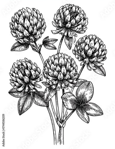 Detailed black and white drawing of several clover flowers