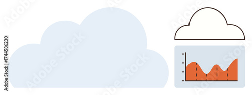 Large cloud shape alongside a smaller cloud outlining graph showing data trends and analytics. Ideal for cloud technology, big data, data science, statistics, SaaS, digital transformation, simple