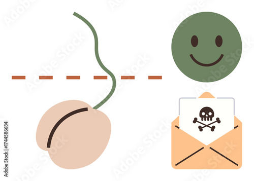 Simplistic presentation of computer mouse, happy face, and hazardous email envelope. Ideal for cybersecurity, online threats, spam warning, phishing awareness, cyberattack prevention, digital health