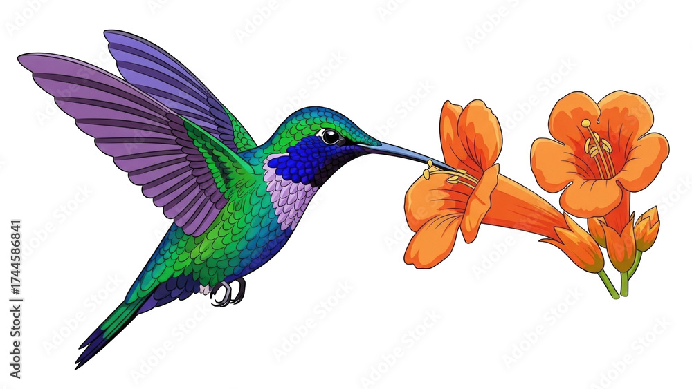 Fototapeta premium hummingbird with iridescent feathers, delicately feeding on nectar from bright orange trumpet flowers.