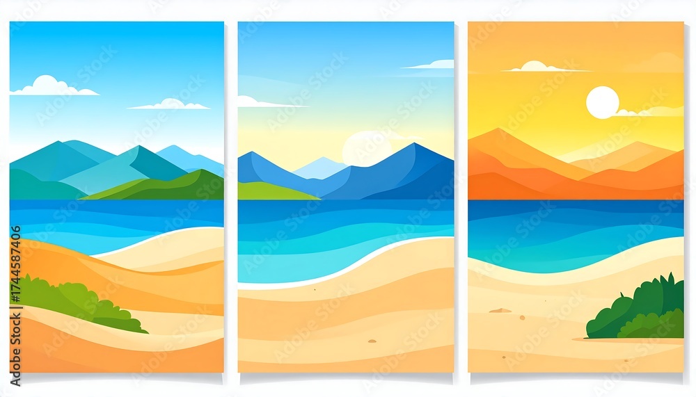 Fototapeta premium Three beach scenes, sunrise, midday, sunset