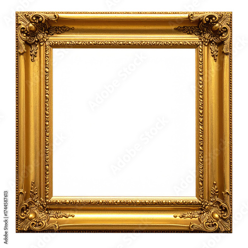 Ornate, gilded square picture frame with intricate carved detail, centered on white background