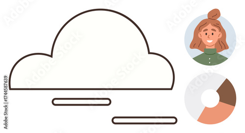 Cloud outline with progress bars, user avatar, and pie chart icon combining data storage, user interaction, and statistics. Ideal for technology, analytics, cloud computing, collaboration