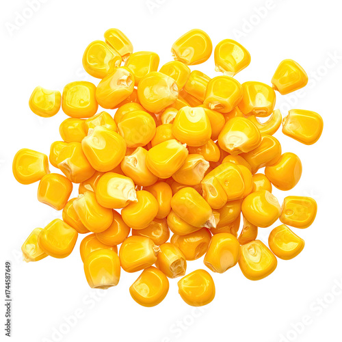 Overhead shot of bright yellow corn kernels, clustered together, isolated on black