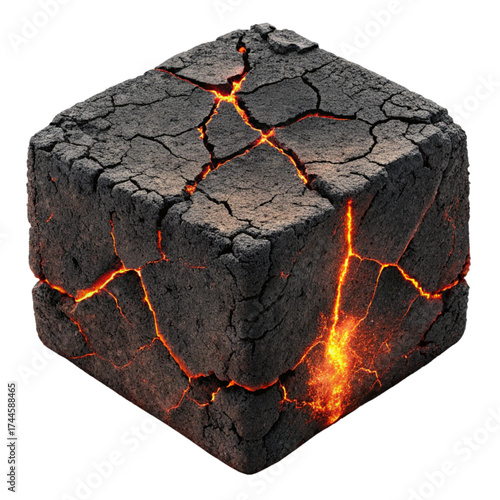 Cracked earth cube with molten lava glowing from within, a powerful metaphor for geological forces, earth science, and dramatic environmental change
