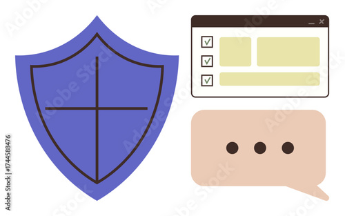 Blue shield with cross next to checklist in a browser window and speech bubble with dots. Ideal for security, communication, protection, online safety, collaboration, teamwork, trust. Simple flat