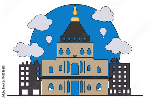 Illustration of a galata tower with architectural detail, amidst clouds and a bright blue sky