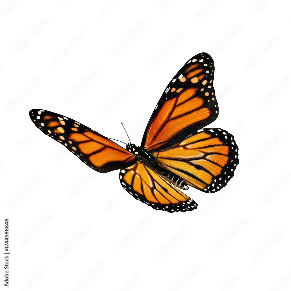 Naklejka premium Monarch Butterfly Detailed and Realistic Colorful Isolated Insect Flying Wings Nature Wildlife Entomology Lepidoptera Orange Black Migration