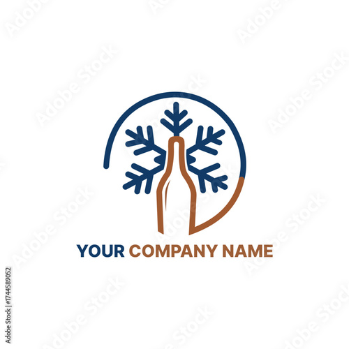 Creative Beverage Company Logo with a Chilled Wine Bottle and Snowflake Design Symbolizing Freshness and Coolness