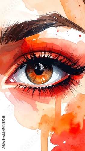 Detailed illustration of an eye with vibrant orange watercolor accents