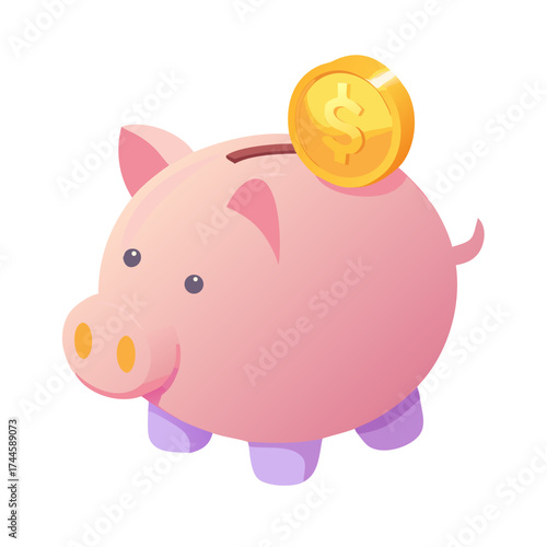 Piggy bank with golden coin about to be saved