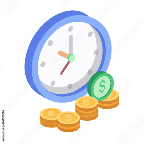 Clock showing time with coins representing financial value