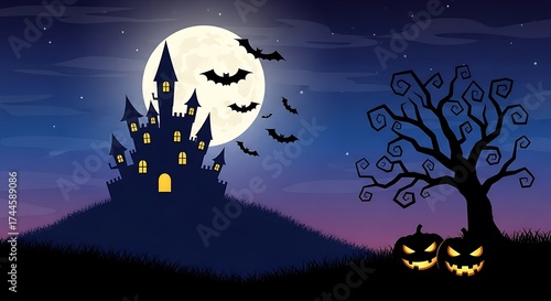 Spooky haunted castle under a full moon with bats flying and jack o lanterns glowing, perfect for Halloween