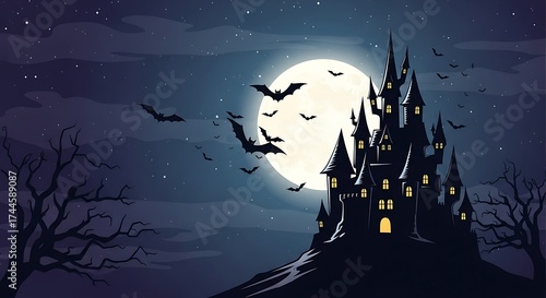 Spooky haunted castle with bats flying under a full moon on Halloween night